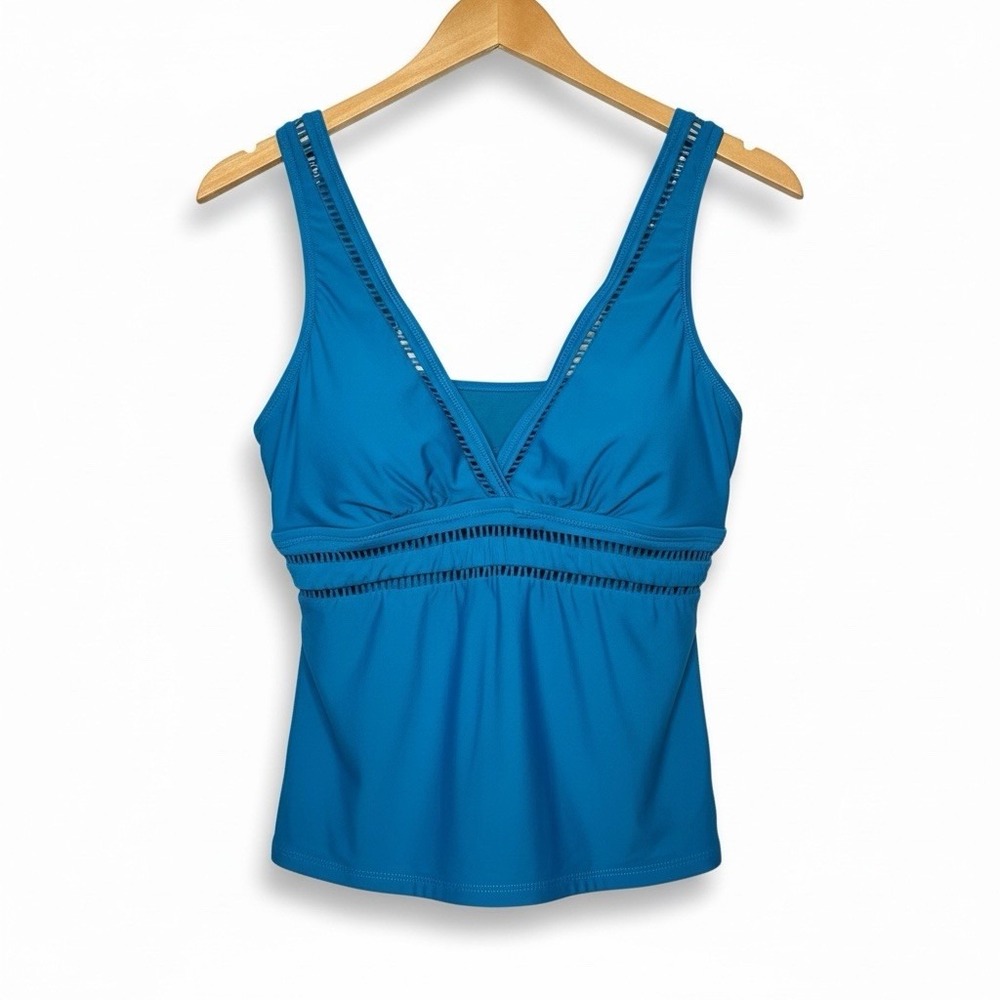 Time & Tru Womens Aqua Tankini Swim Top‎ L 12-14 Adjustable Removable Cups Beach